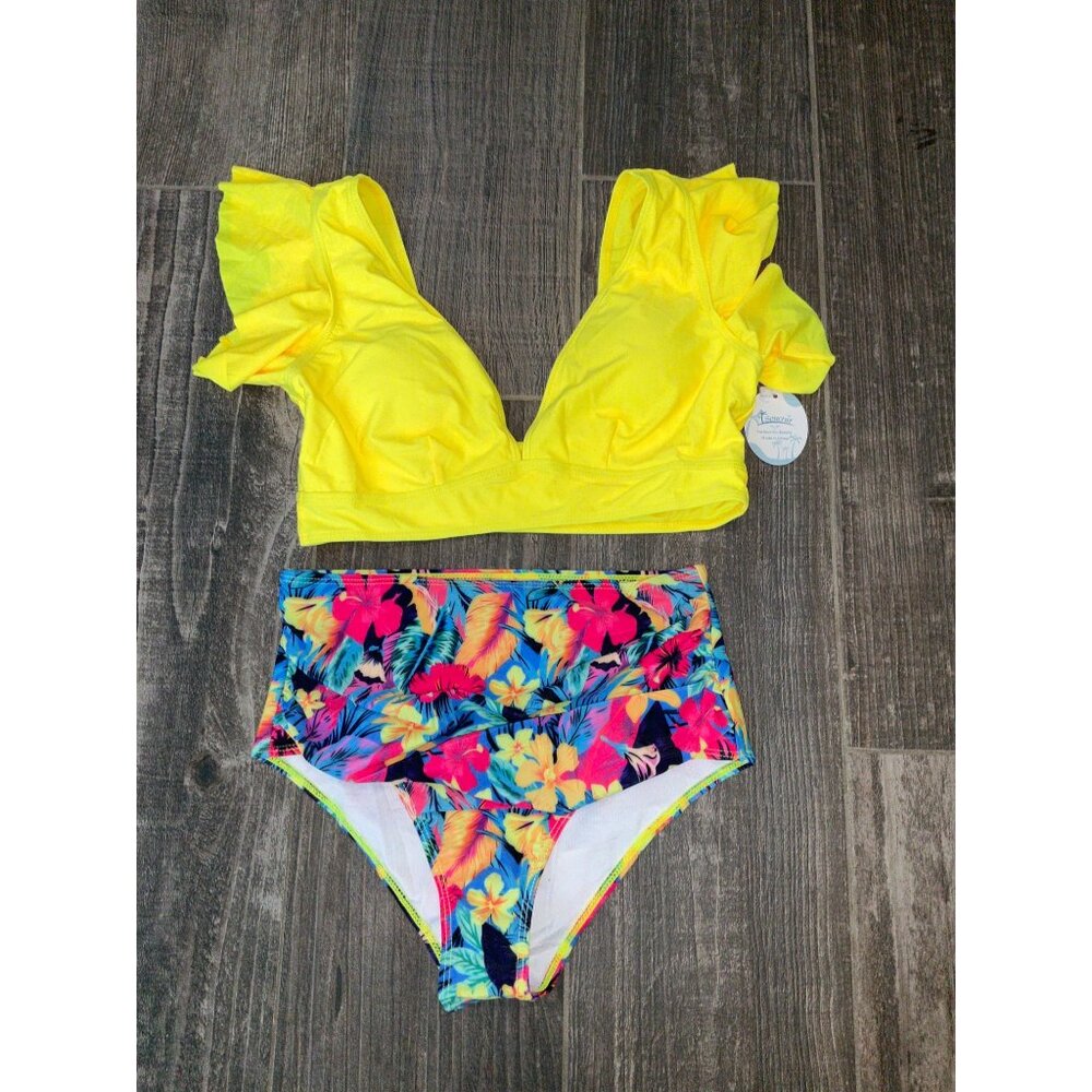 Soucrat Medium Yellow Ruffled Bikini Top with Floral High Waist Bottoms - Picture 3 of 7